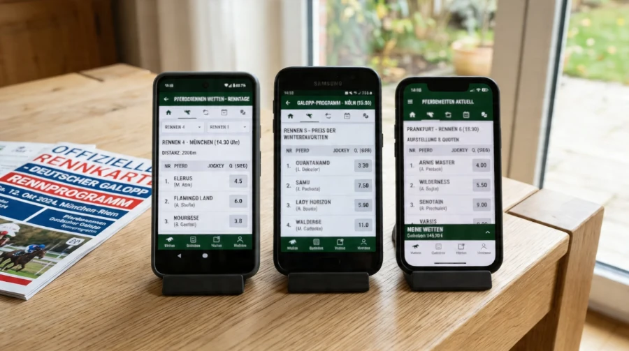 Drei deutsche Pferdewetten-Anbieter im direkten Vergleich von App-Oberflächen und Funktionen