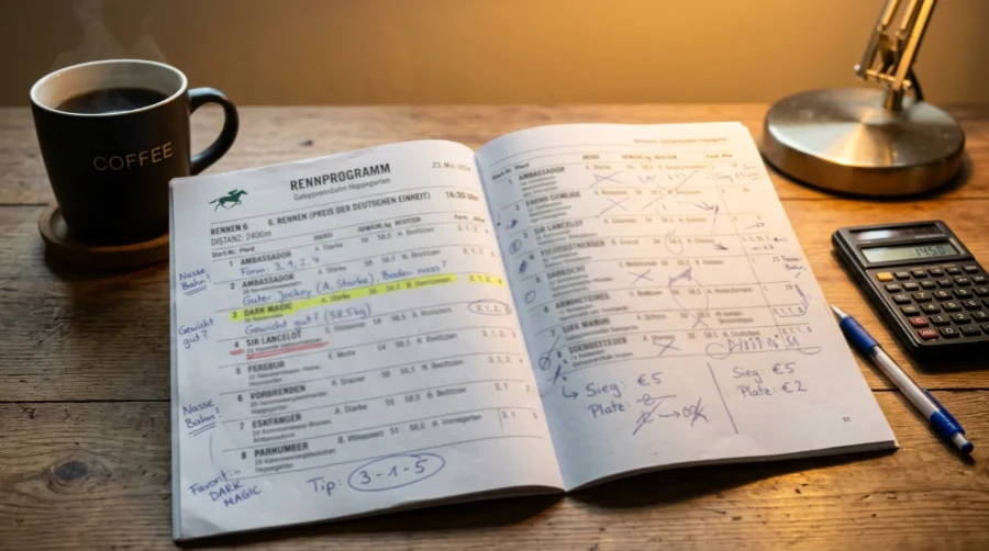 Rennprogramm mit Formzeilen und handschriftlichen Analysenotizen eines Turf-Analysten