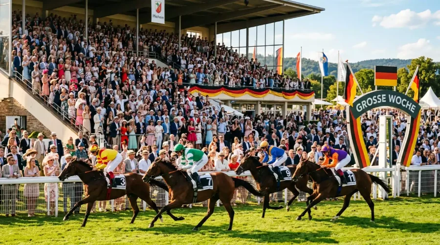 Festlich gefüllte Tribünen der Rennbahn Iffezheim während der Großen Woche mit Galopp-Rennen im Hintergrund