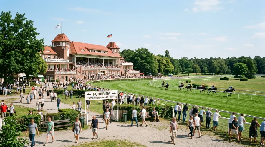 Rennbahn Hoppegarten bei Berlin mit Publikum und Grasbahn an einem Renntag