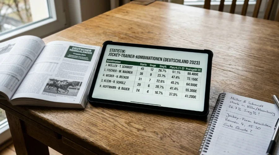 Statistiktabelle deutscher Jockey-Trainer-Paarungen mit Strike Rates auf deutschen Rennbahnen