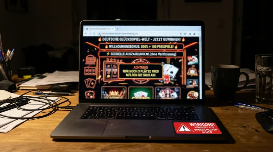 Dunkle Darstellung illegaler Glücksspiel-Portale mit Warnhinweis