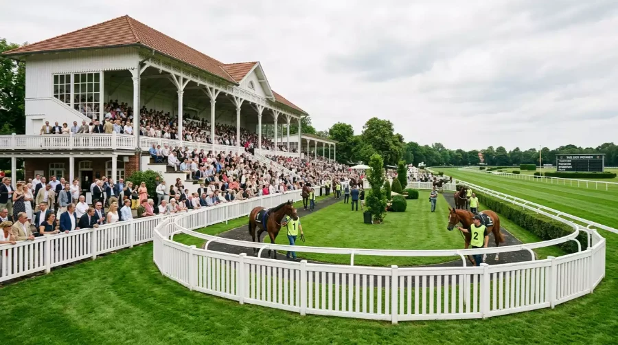 Deutsche Galopp-Rennbahn mit Tribüne und grünem Geläuf an einem Renntag