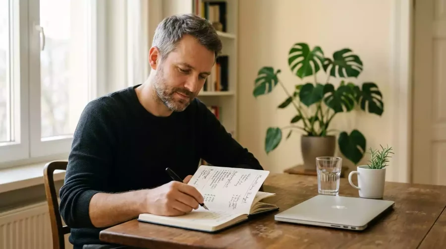 Person am Schreibtisch mit Notizbuch und Laptop – Planung eines monatlichen Einzahlungslimits für Pferdewetten