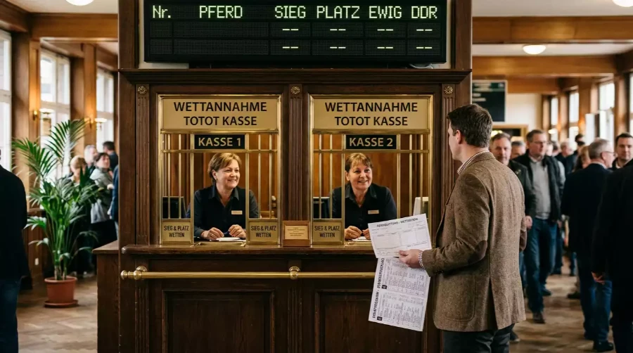 Totalisator-Wettschalter an einer deutschen Galopp-Rennbahn mit Anzeigetafel der Eventualquoten