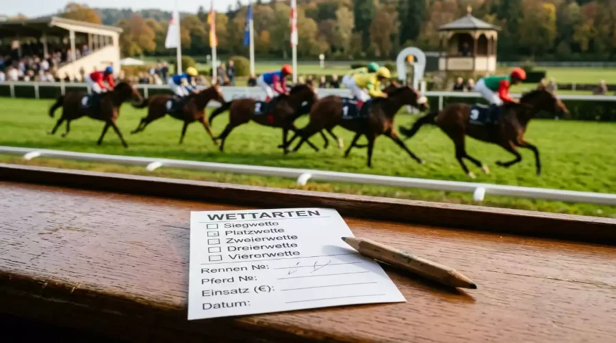 Deutsche Galopprennbahn mit Wettscheinen zu verschiedenen Wettarten im Vordergrund