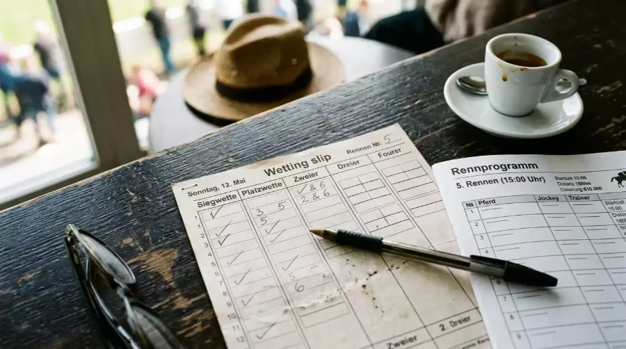 Ausgefüllter Wettschein für eine Pferdewette neben dem gedruckten Rennprogramm mit handschriftlichen Notizen